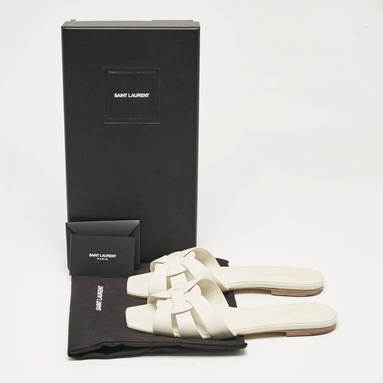 Pre Owned Saint Laurent White Leather Tribute Flat Sandals Size 39
