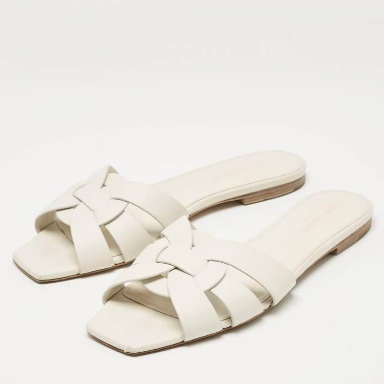 Pre Owned Saint Laurent White Leather Tribute Flat Sandals Size 39