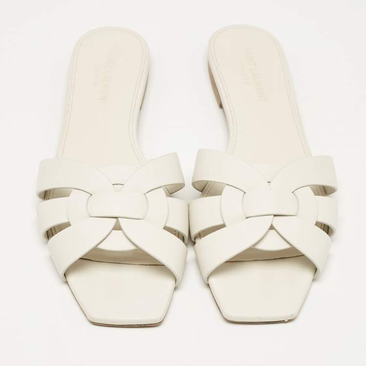 Pre Owned Saint Laurent White Leather Tribute Flat Sandals Size 39