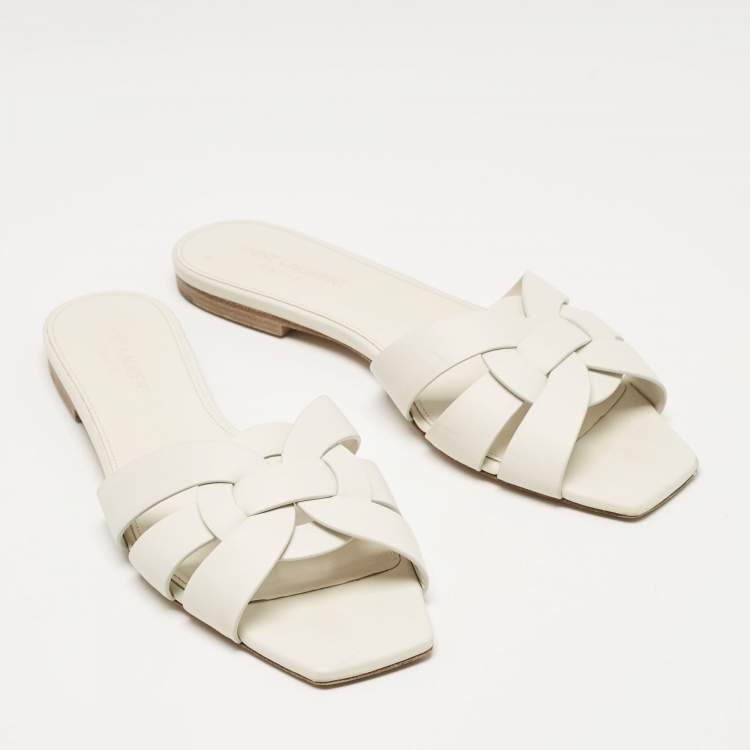 Pre Owned Saint Laurent White Leather Tribute Flat Sandals Size 39