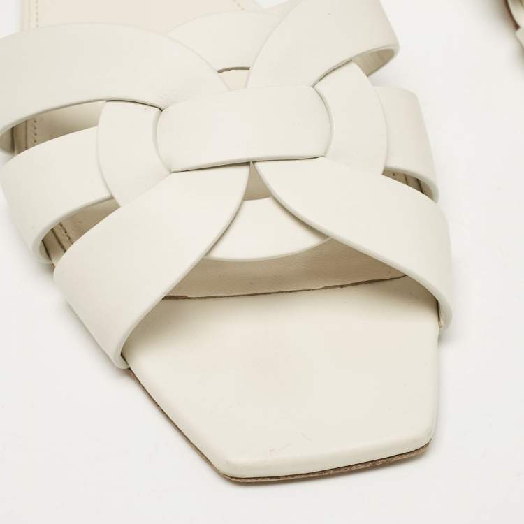 Pre Owned Saint Laurent White Leather Tribute Flat Sandals Size 39