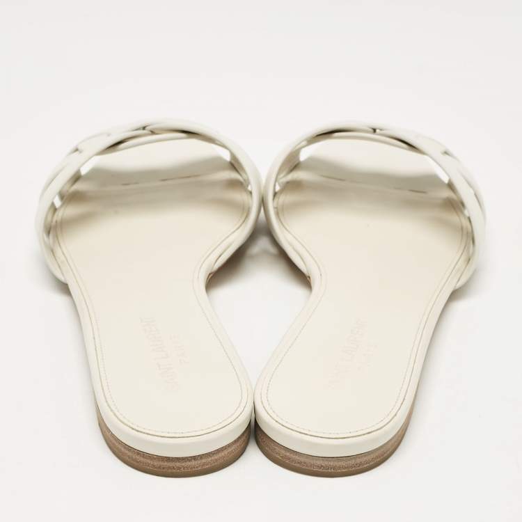 Pre Owned Saint Laurent White Leather Tribute Flat Sandals Size 39
