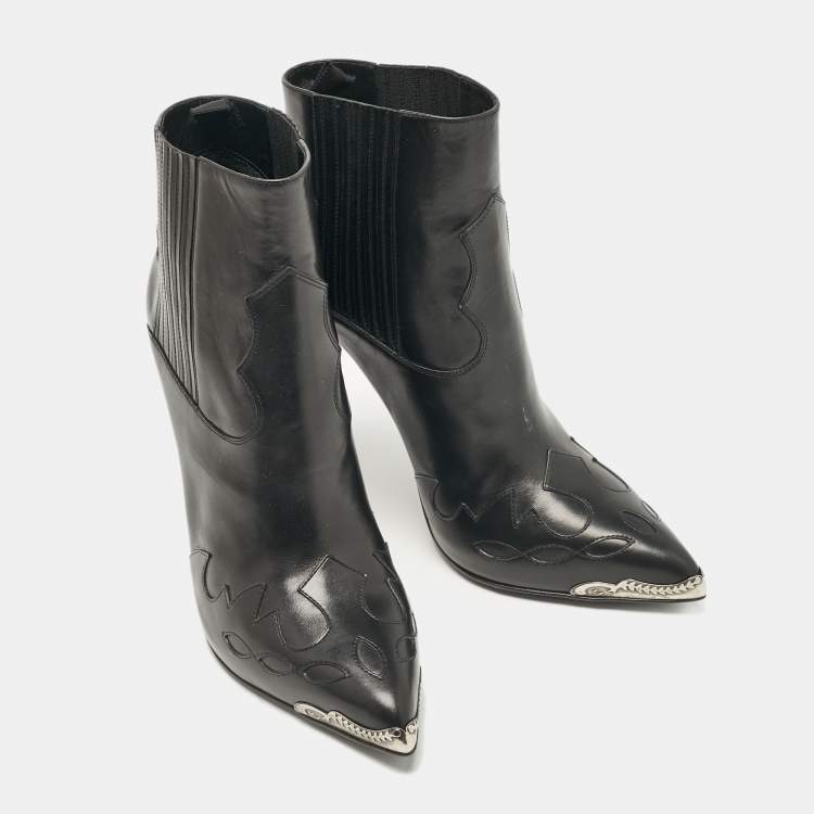 Pre Owned Saint Laurent Black Leather Western Ankle Length Boots Size 40