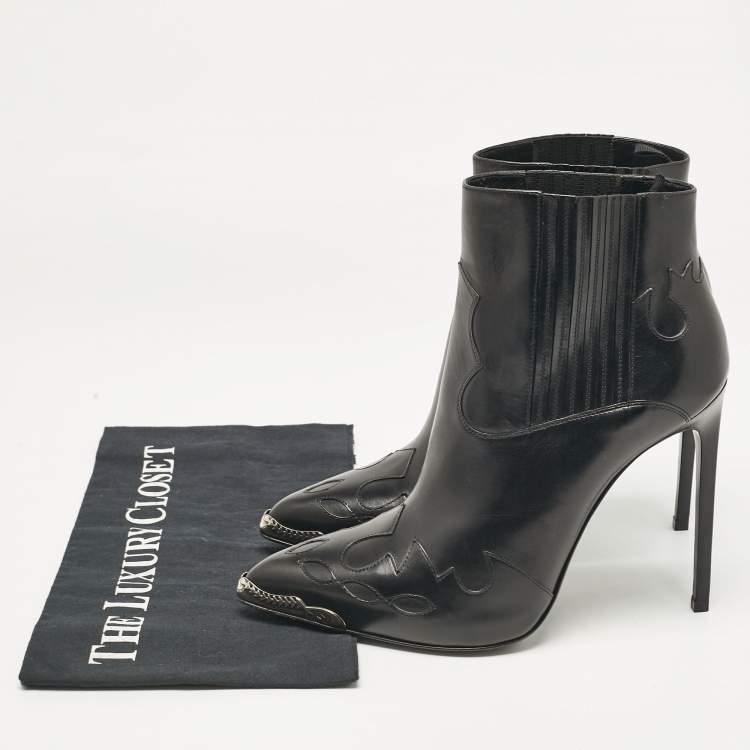 Pre Owned Saint Laurent Black Leather Western Ankle Length Boots Size 40