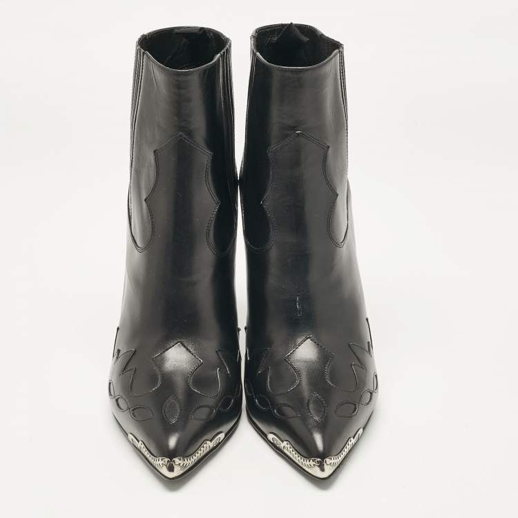 Pre Owned Saint Laurent Black Leather Western Ankle Length Boots Size 40
