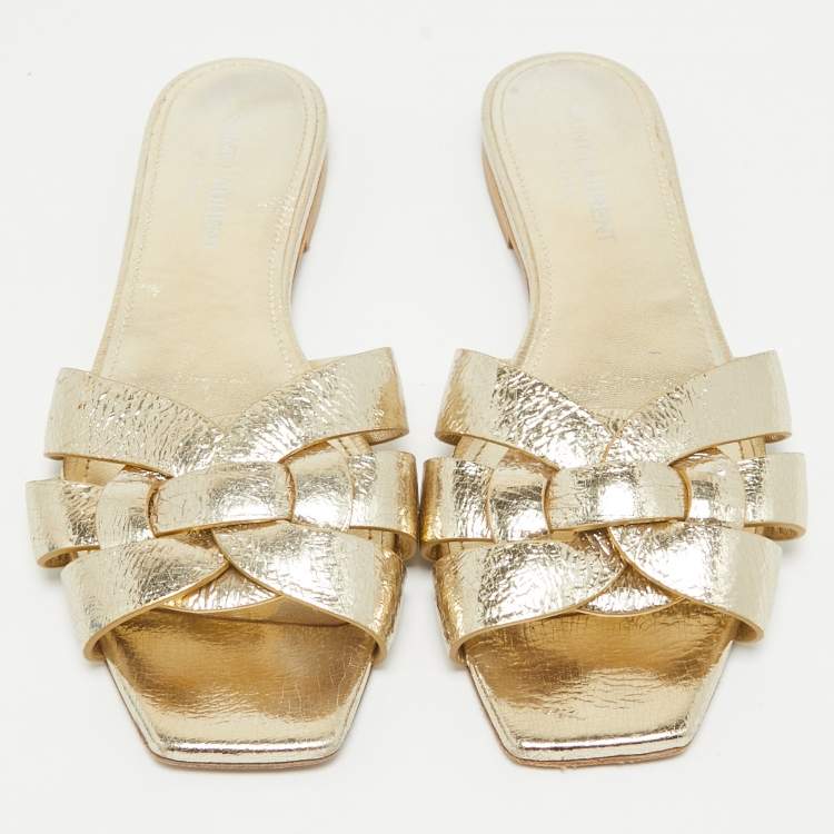Pre Owned Saint Laurent Gold Leather Tribute Slide Flats Size 36
