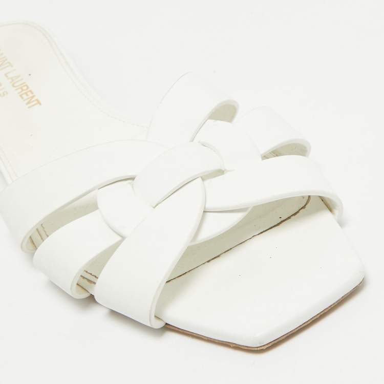 Pre Owned Saint Laurent White Leather Tribute Flat Slides Size 36