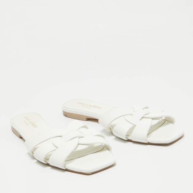 Pre Owned Saint Laurent White Leather Tribute Flat Slides Size 36