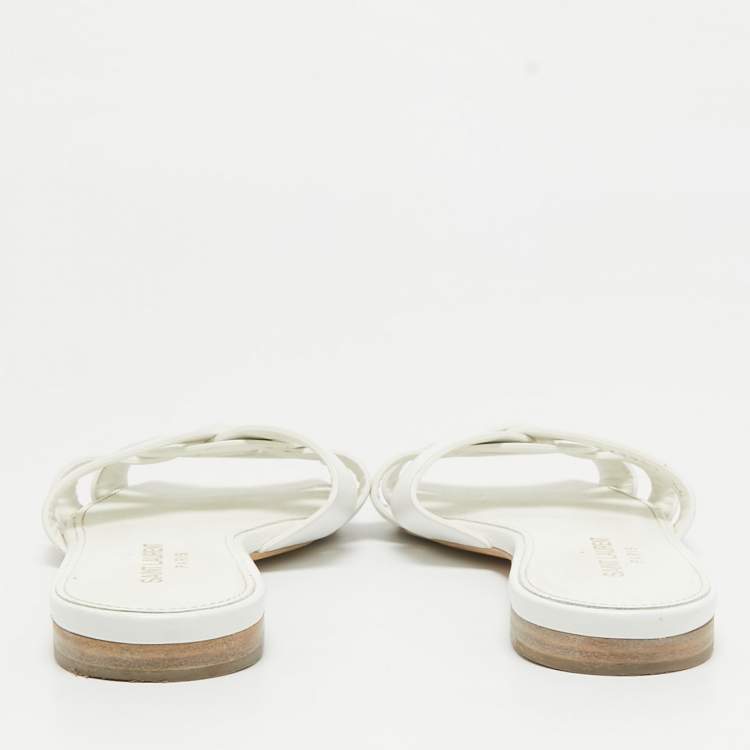 Pre Owned Saint Laurent White Leather Tribute Flat Slides Size 36