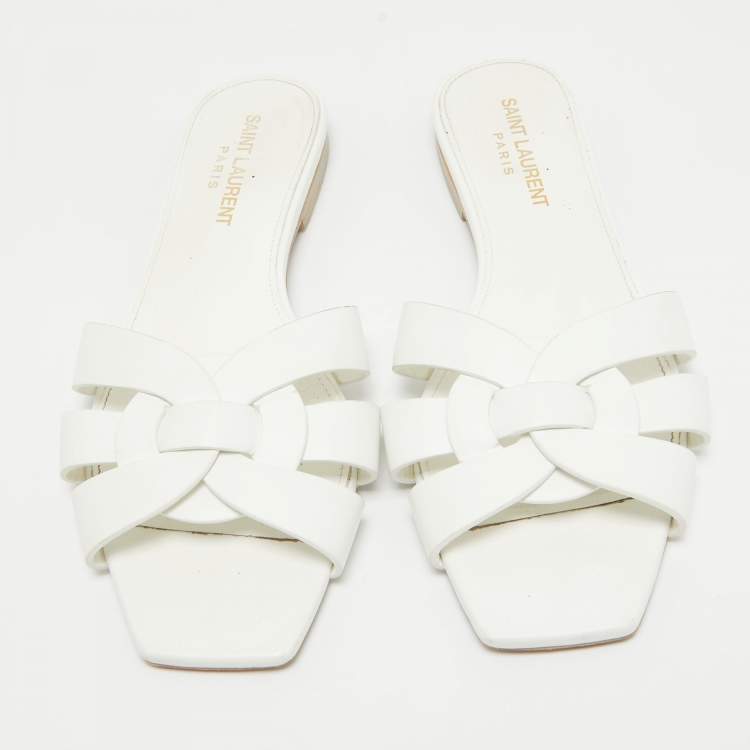 Pre Owned Saint Laurent White Leather Tribute Flat Slides Size 36