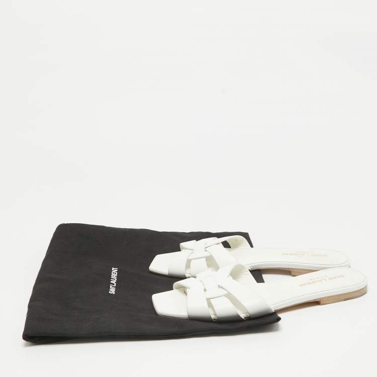 Pre Owned Saint Laurent White Leather Tribute Flat Slides Size 36