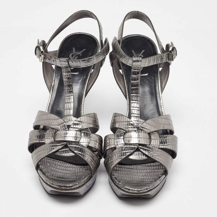 Pre Owned Saint Laurent Grey Lizard Embossed Leather Tribute Platform Sandals Size 40