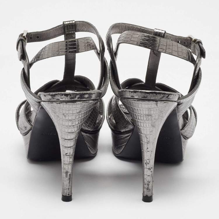 Pre Owned Saint Laurent Grey Lizard Embossed Leather Tribute Platform Sandals Size 40