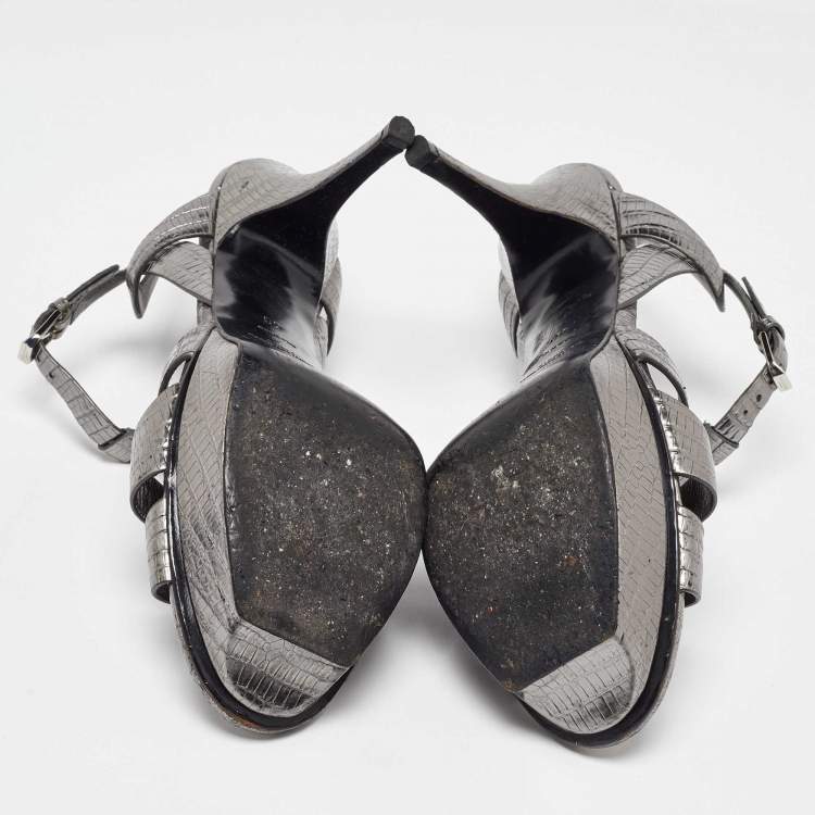 Pre Owned Saint Laurent Grey Lizard Embossed Leather Tribute Platform Sandals Size 40