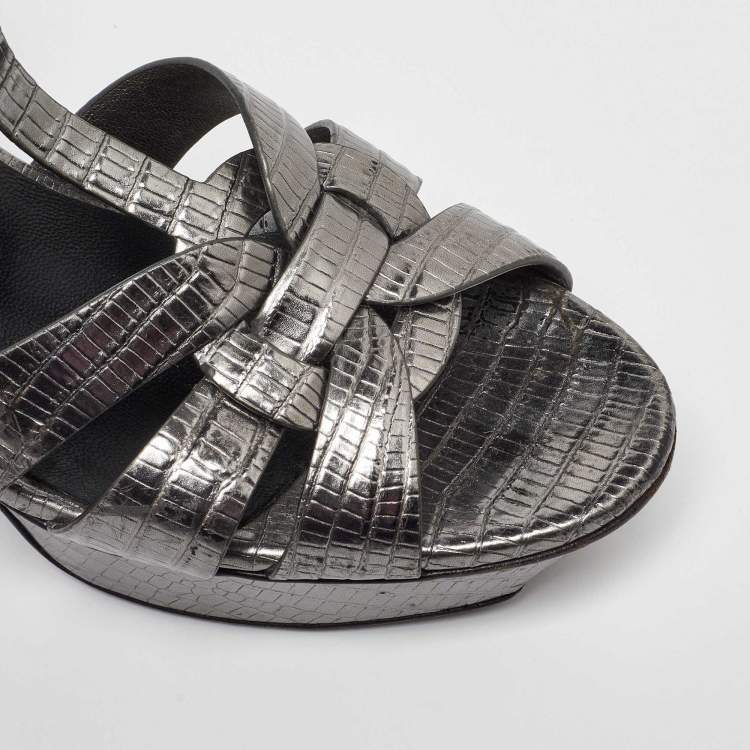 Pre Owned Saint Laurent Grey Lizard Embossed Leather Tribute Platform Sandals Size 40