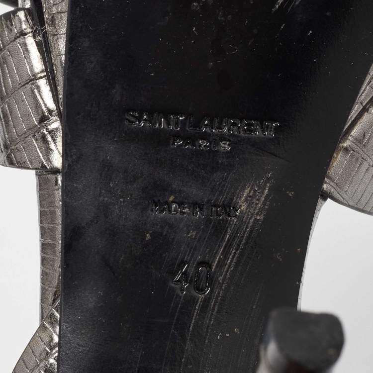 Pre Owned Saint Laurent Grey Lizard Embossed Leather Tribute Platform Sandals Size 40
