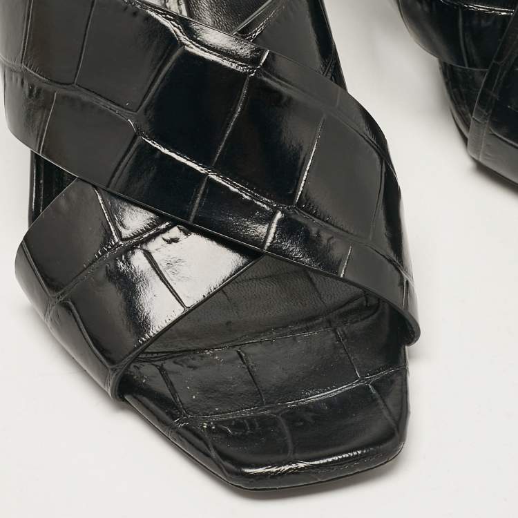 Pre Owned Saint Laurent Black Croc Embossed Leather Loulou Slide Sandals Size 38.5