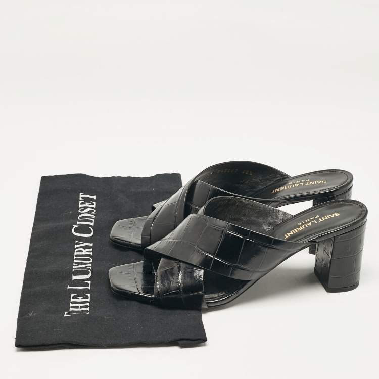 Pre Owned Saint Laurent Black Croc Embossed Leather Loulou Slide Sandals Size 38.5