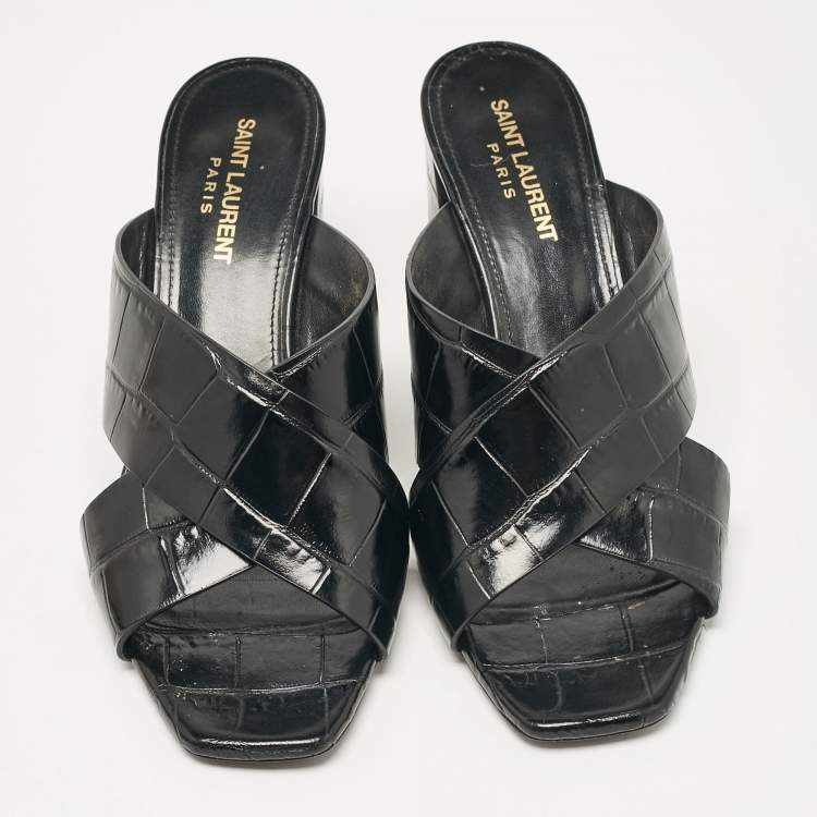 Pre Owned Saint Laurent Black Croc Embossed Leather Loulou Slide Sandals Size 38.5