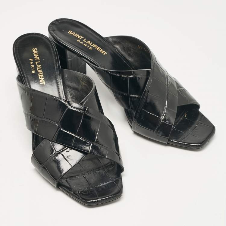 Pre Owned Saint Laurent Black Croc Embossed Leather Loulou Slide Sandals Size 38.5