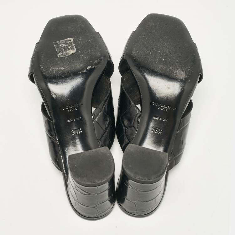 Pre Owned Saint Laurent Black Croc Embossed Leather Loulou Slide Sandals Size 38.5