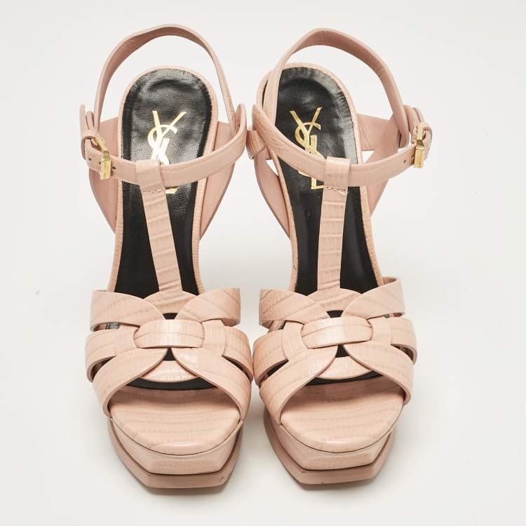Pre Owned Saint Laurent Paris Beige Lizard Embossed Leather Tribute Platform Sandals Size 36.5