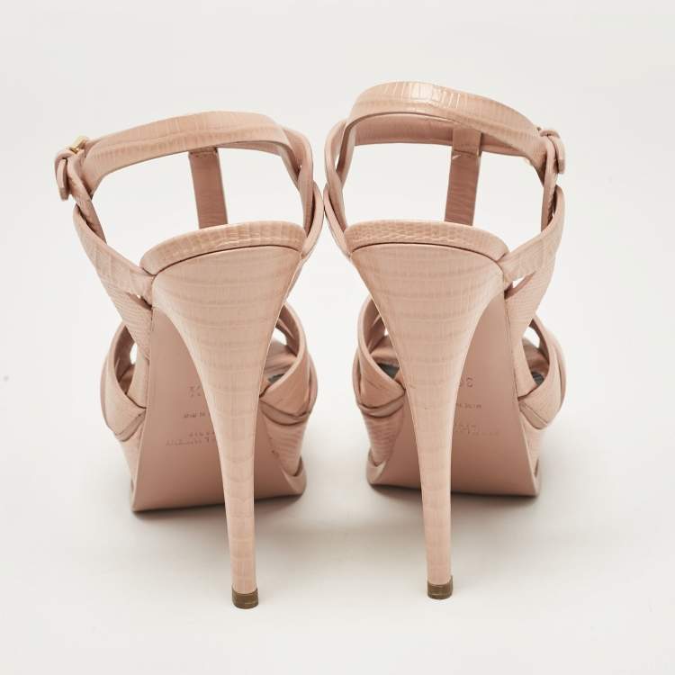 Pre Owned Saint Laurent Paris Beige Lizard Embossed Leather Tribute Platform Sandals Size 36.5