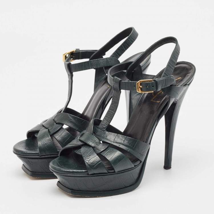 Pre Owned Saint Laurent Dark Green Croc Embossed Leather Tribute Platform Sandals Size 36