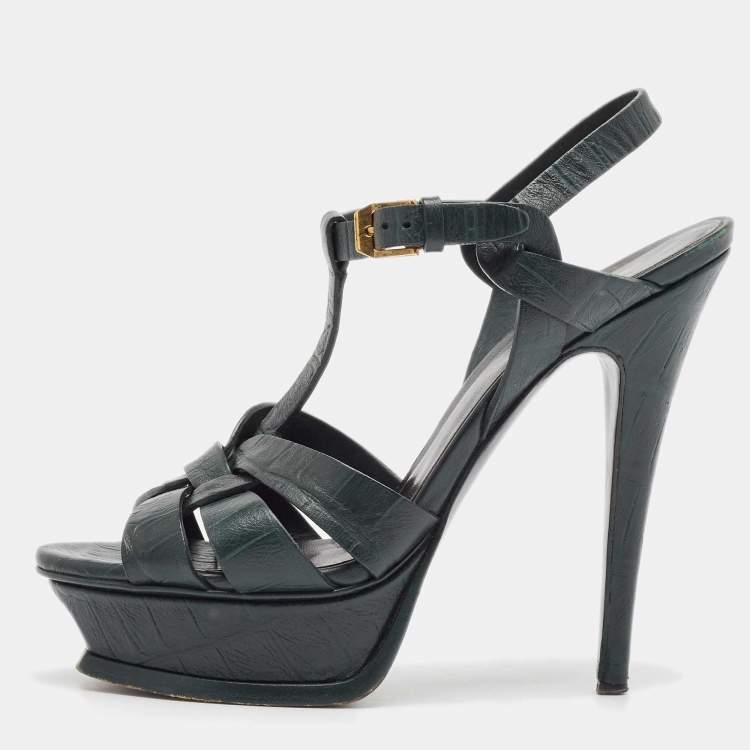 Pre Owned Saint Laurent Dark Green Croc Embossed Leather Tribute Platform Sandals Size 36