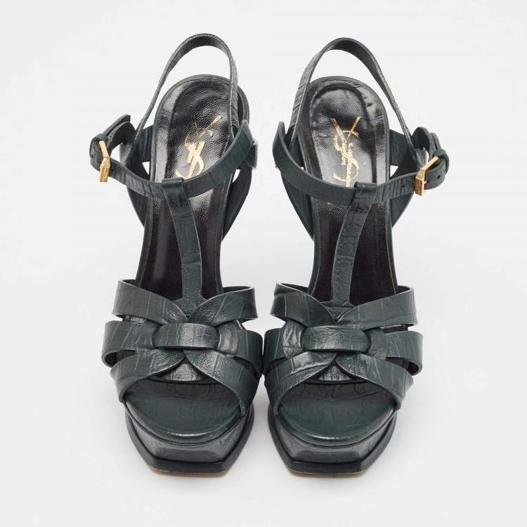 Pre Owned Saint Laurent Dark Green Croc Embossed Leather Tribute Platform Sandals Size 36