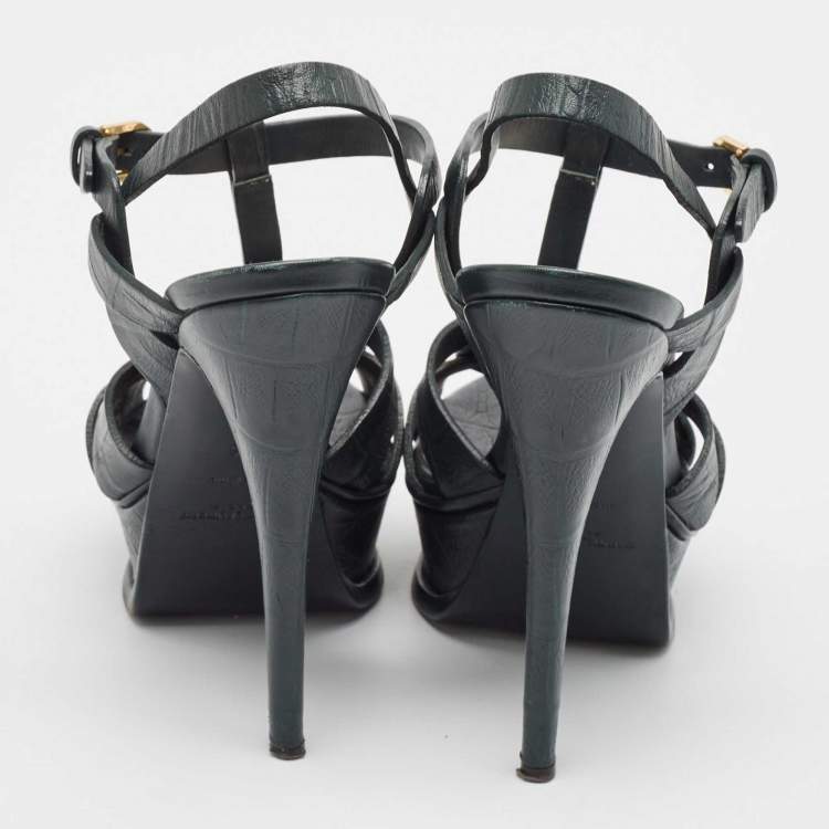 Pre Owned Saint Laurent Dark Green Croc Embossed Leather Tribute Platform Sandals Size 36