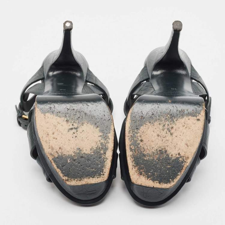Pre Owned Saint Laurent Dark Green Croc Embossed Leather Tribute Platform Sandals Size 36
