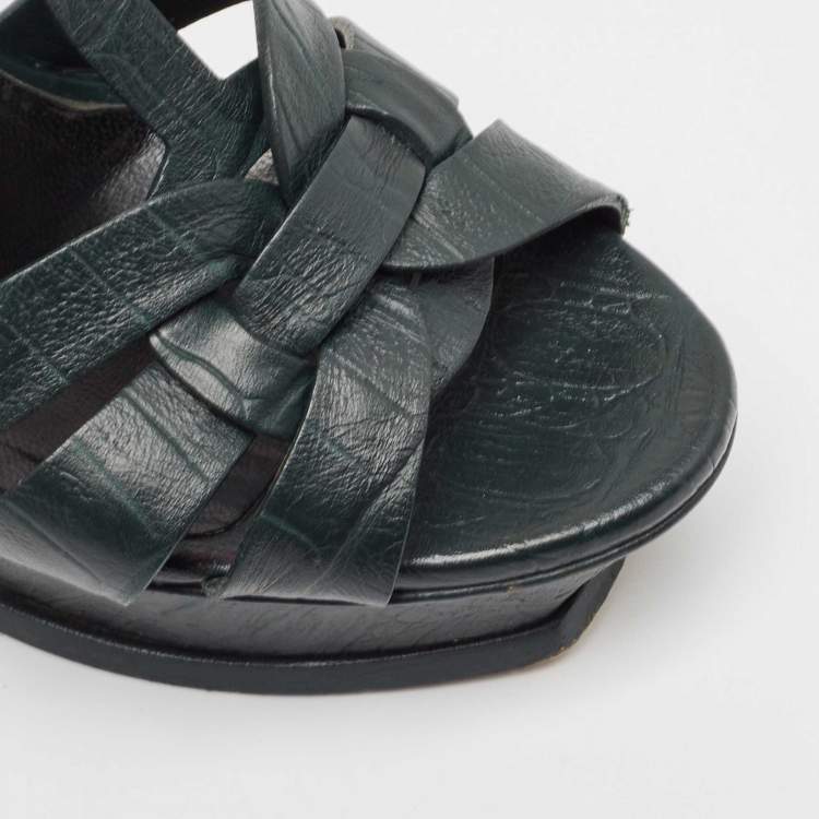 Pre Owned Saint Laurent Dark Green Croc Embossed Leather Tribute Platform Sandals Size 36