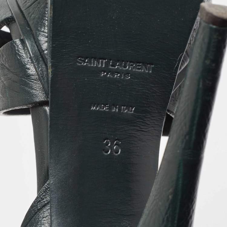 Pre Owned Saint Laurent Dark Green Croc Embossed Leather Tribute Platform Sandals Size 36