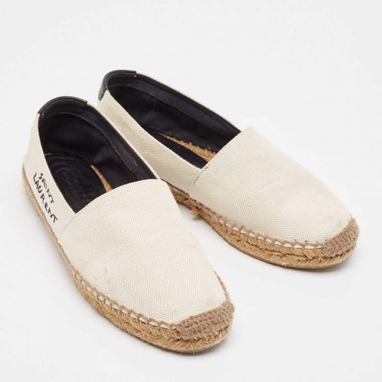 Pre Owned Saint Laurent Off White Canvas Logo Espadrille Flats Size 36.5