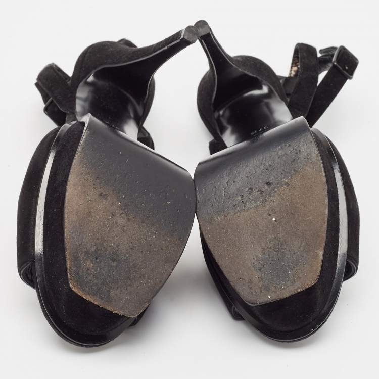 Pre Owned Saint Laurent Black Suede Ankle Strap Platform Sandals Size 37.5