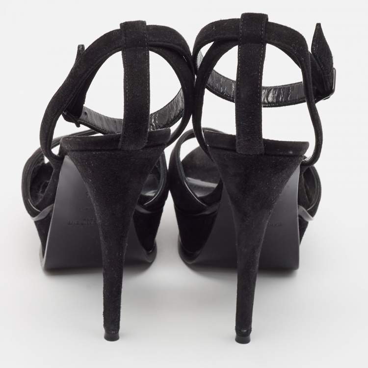 Pre Owned Saint Laurent Black Suede Ankle Strap Platform Sandals Size 37.5