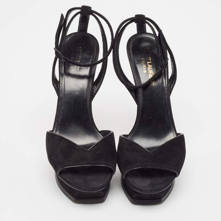 Pre Owned Saint Laurent Black Suede Ankle Strap Platform Sandals Size 37.5