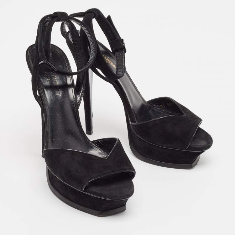 Pre Owned Saint Laurent Black Suede Ankle Strap Platform Sandals Size 37.5