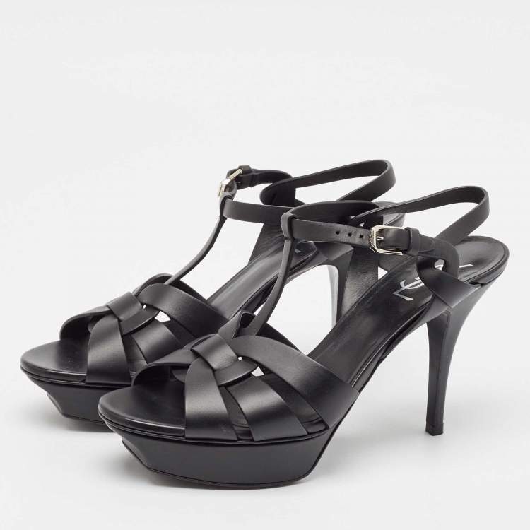 Pre Owned Saint Laurent Black Leather Tribute Platform Sandals Size 40