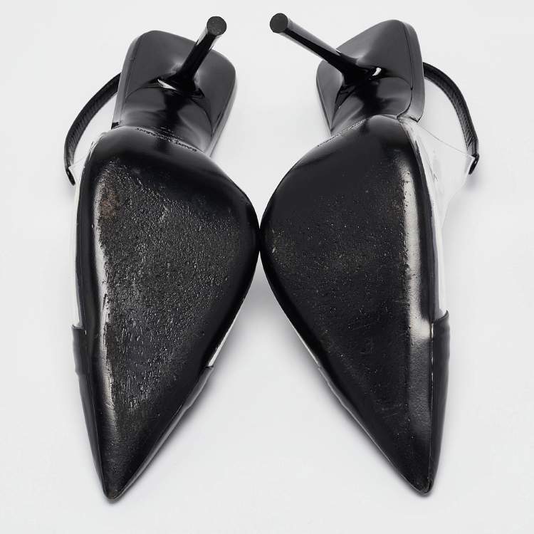 مملوكة مسبقًا Saint Laurent Paris Black Patent Leather and PVC Pointed Toe Slingback Pumps Size 37