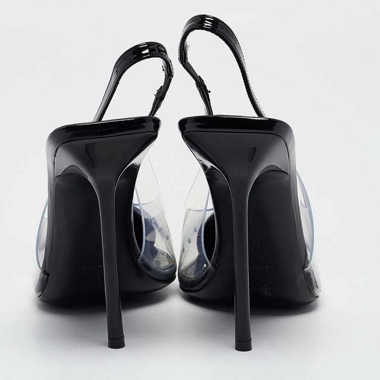 مملوكة مسبقًا Saint Laurent Paris Black Patent Leather and PVC Pointed Toe Slingback Pumps Size 37