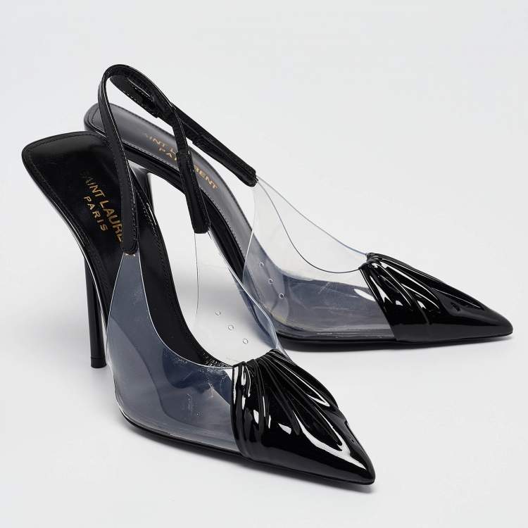 مملوكة مسبقًا Saint Laurent Paris Black Patent Leather and PVC Pointed Toe Slingback Pumps Size 37