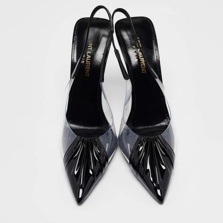 مملوكة مسبقًا Saint Laurent Paris Black Patent Leather and PVC Pointed Toe Slingback Pumps Size 37