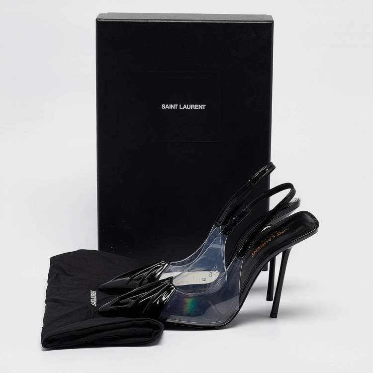 مملوكة مسبقًا Saint Laurent Paris Black Patent Leather and PVC Pointed Toe Slingback Pumps Size 37