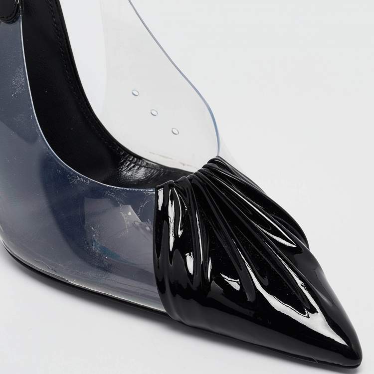 مملوكة مسبقًا Saint Laurent Paris Black Patent Leather and PVC Pointed Toe Slingback Pumps Size 37