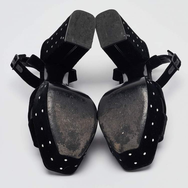 Pre Owned Saint Laurent Black Velvet Farrah Platform Ankle Strap Sandals Size 38