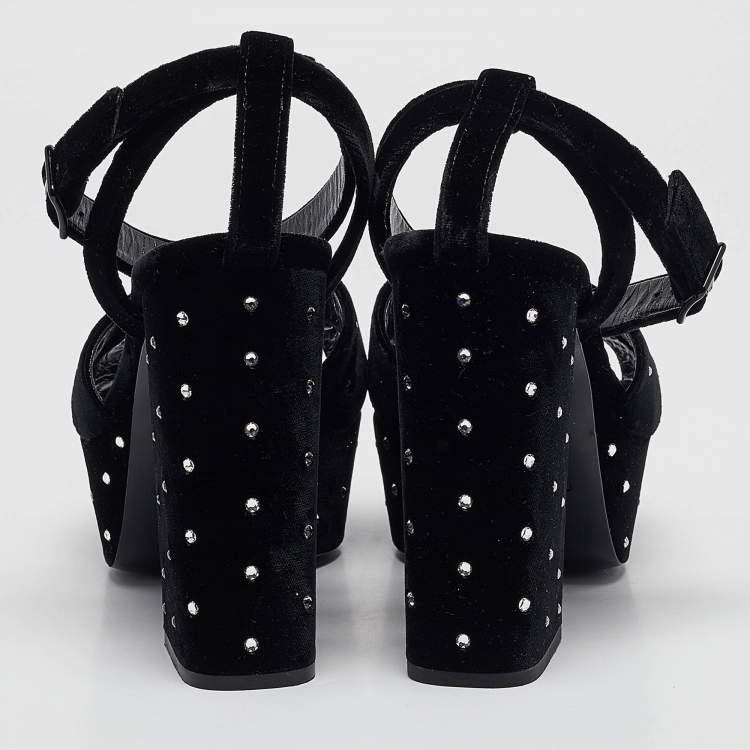 Pre Owned Saint Laurent Black Velvet Farrah Platform Ankle Strap Sandals Size 38