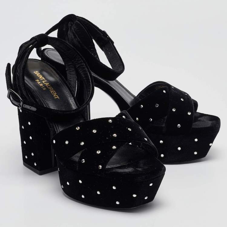 Pre Owned Saint Laurent Black Velvet Farrah Platform Ankle Strap Sandals Size 38
