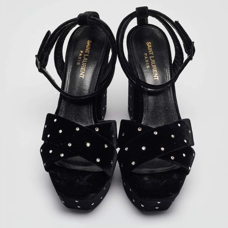 Pre Owned Saint Laurent Black Velvet Farrah Platform Ankle Strap Sandals Size 38